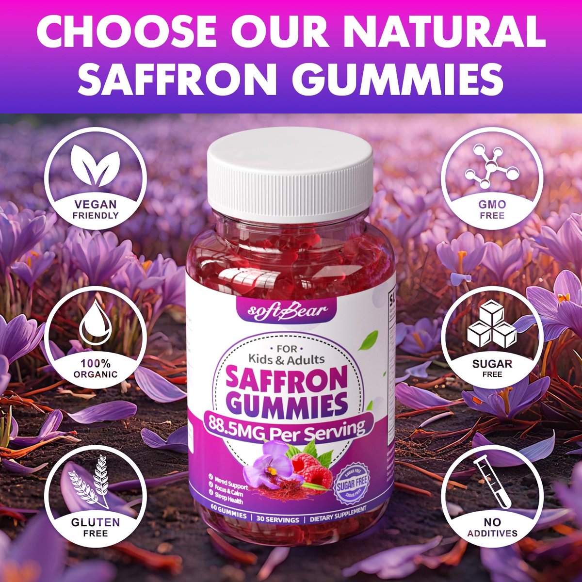 softbear Safran Gummis für Kinder & Erwachsene, 10-in-1 Bio Safran Ergänzung mit 88,5 mg Safran Extrakt, Unterstützt Ruhe & Fokus & Schlaf, Zuckerfrei/Ohne Gentechnik, Himbeergeschmack, 60 Stück