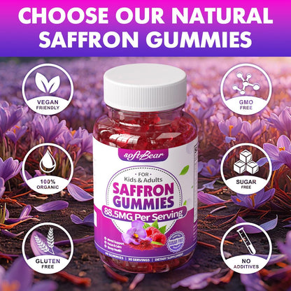 softbear Safran Gummis für Kinder & Erwachsene, 10-in-1 Bio Safran Ergänzung mit 88,5 mg Safran Extrakt, Unterstützt Ruhe & Fokus & Schlaf, Zuckerfrei/Ohne Gentechnik, Himbeergeschmack, 60 Stück