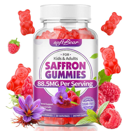 softbear Safran Gummis für Kinder & Erwachsene, 10-in-1 Bio Safran Ergänzung mit 88,5 mg Safran Extrakt, Unterstützt Ruhe & Fokus & Schlaf, Zuckerfrei/Ohne Gentechnik, Himbeergeschmack, 60 Stück