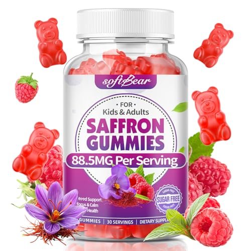 softbear Safran Gummis für Kinder & Erwachsene, 10-in-1 Bio Safran Ergänzung mit 88,5 mg Safran Extrakt, Unterstützt Ruhe & Fokus & Schlaf, Zuckerfrei/Ohne Gentechnik, Himbeergeschmack, 60 Stück