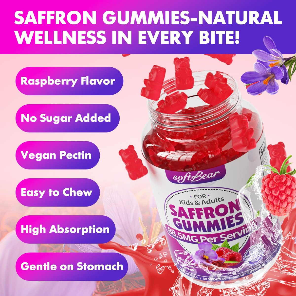 softbear Safran Gummis für Kinder & Erwachsene, 10-in-1 Bio Safran Ergänzung mit 88,5 mg Safran Extrakt, Unterstützt Ruhe & Fokus & Schlaf, Zuckerfrei/Ohne Gentechnik, Himbeergeschmack, 60 Stück
