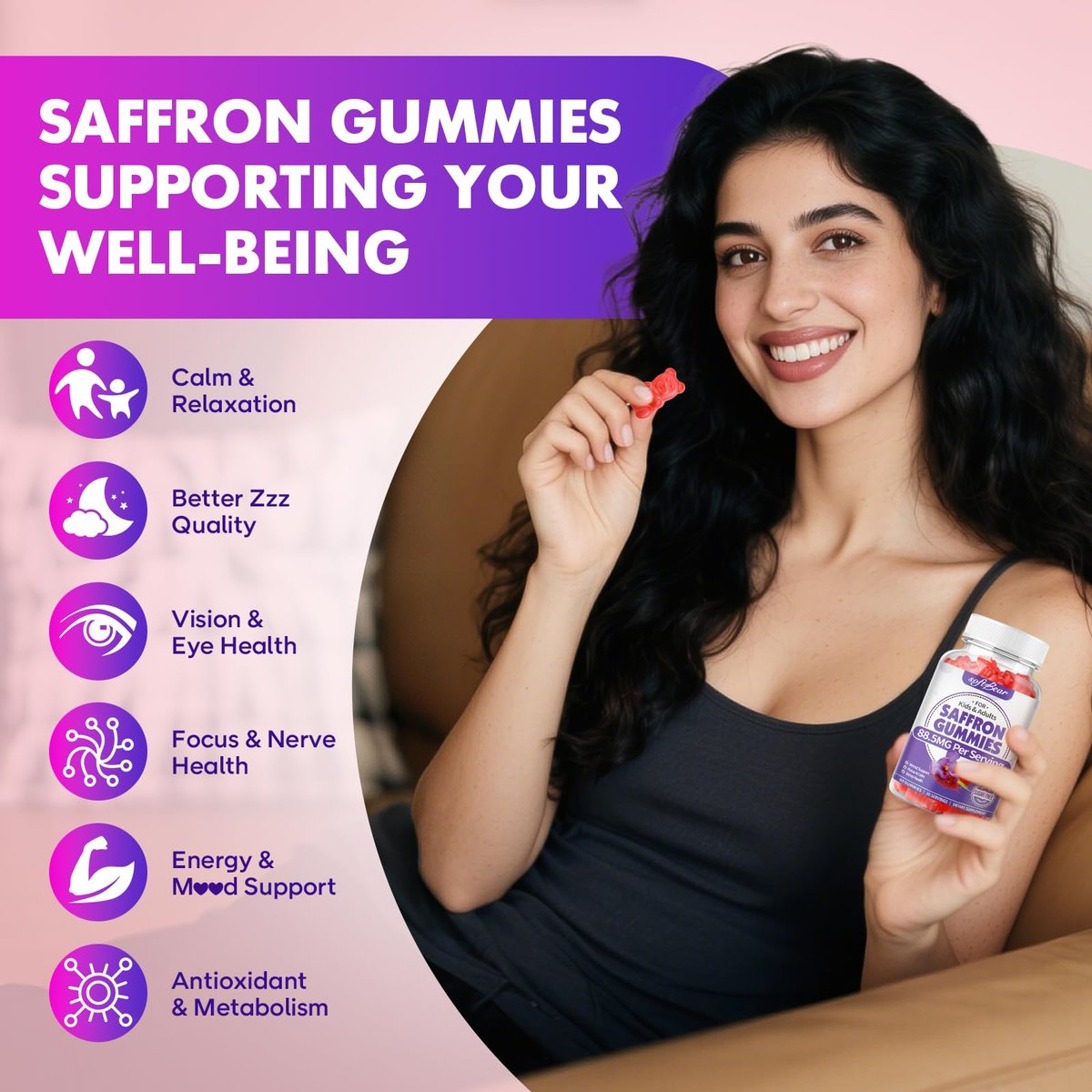 softbear Safran Gummis für Kinder & Erwachsene, 10-in-1 Bio Safran Ergänzung mit 88,5 mg Safran Extrakt, Unterstützt Ruhe & Fokus & Schlaf, Zuckerfrei/Ohne Gentechnik, Himbeergeschmack, 60 Stück