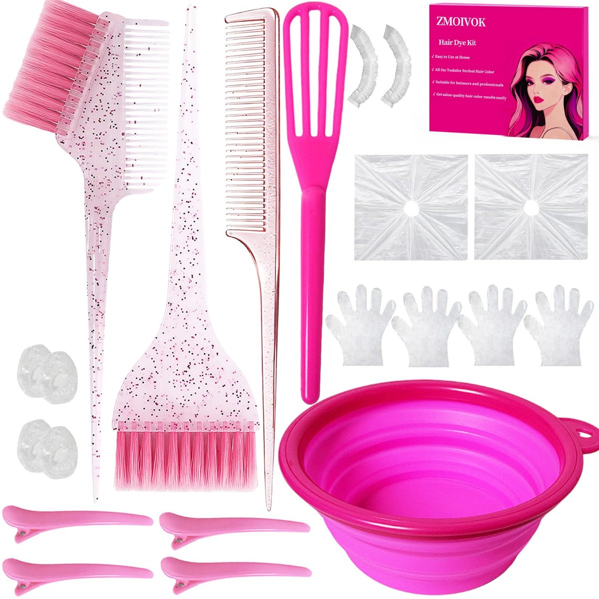 ZMOIVOK 21-teiliges Haarfärbeset – Professionelles Salonwerkzeug mit Färbepinsel und Schüssel, Bleichset, Klammern, Handschuhe, Ohrenschützer – für Friseure und Frauen zum Bleichen, Färben und Strähnen