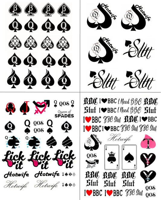 4 Bögen BBC Queen of Spades Temporäre Tattoo-Aufkleber, insgesamt 81 Motive (15x21 cm) – QOS Hardcore Wörter & Phrasen Temporäre Tattoos