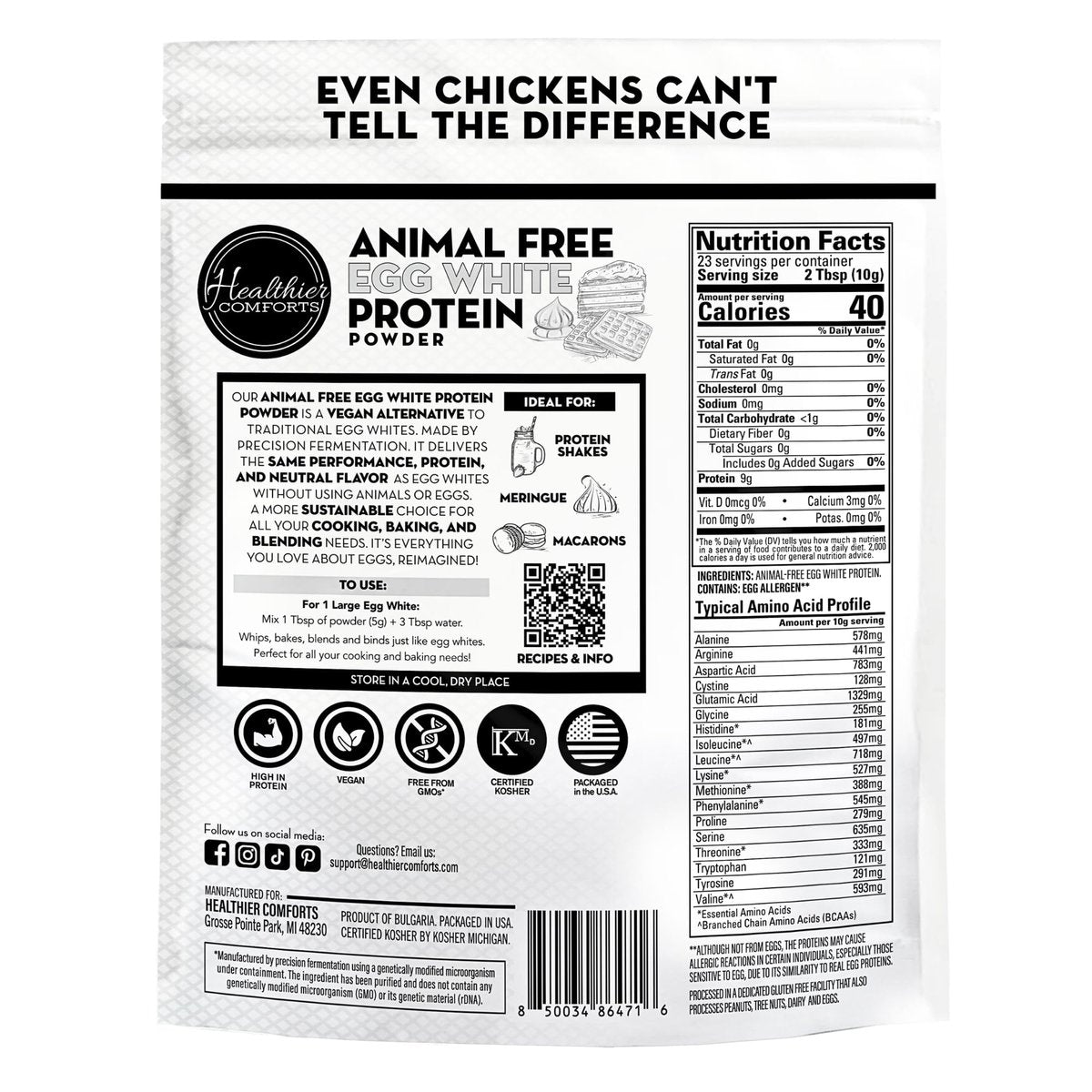 Healthier Comforts Tierfreies Eiweißpulver aus Eiklar | Vegane Eier-Omeletts, Engelkuchen, Baiser, Proteinshakes | Schäumt und bindet wie traditionelles Eiweiß (227 g)