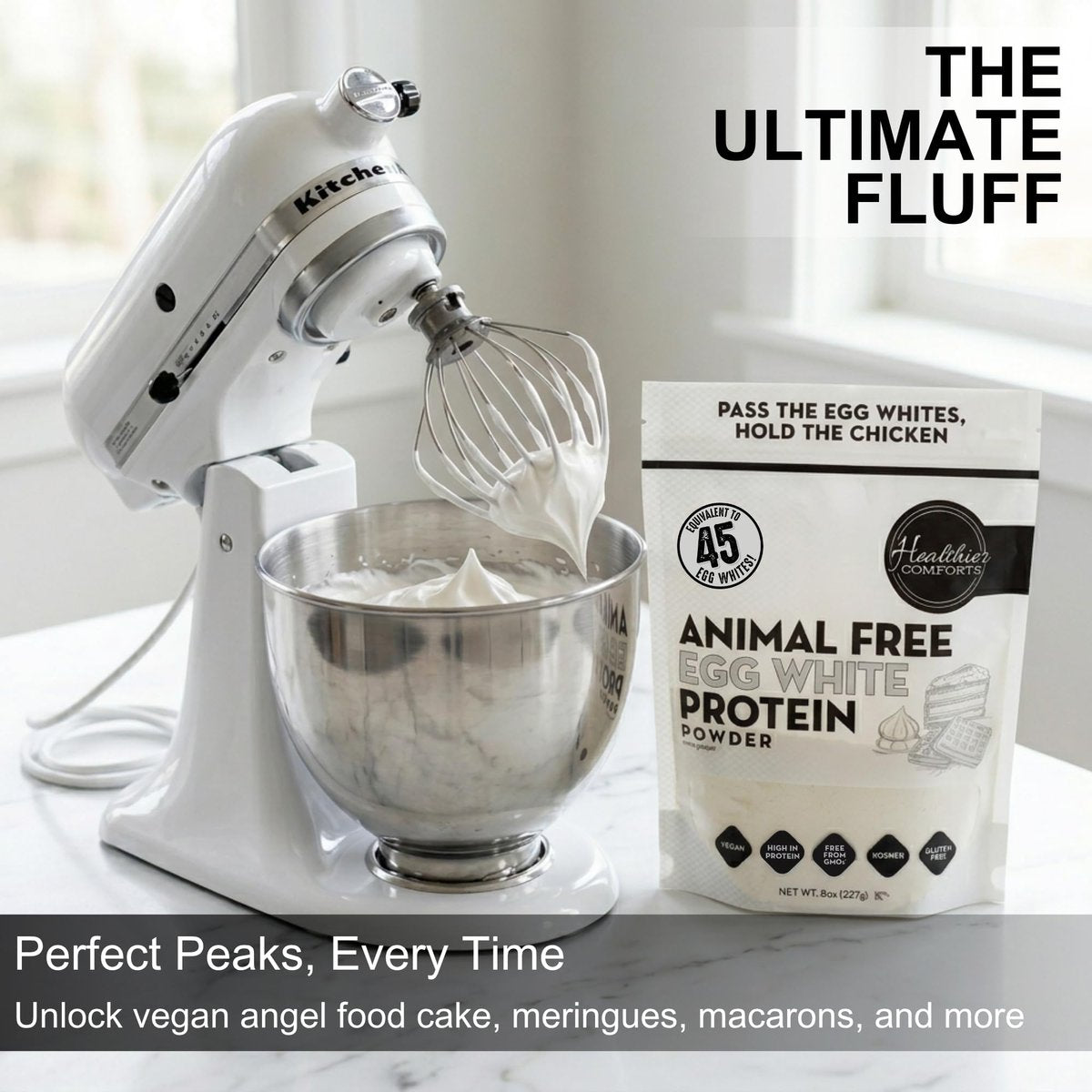 Healthier Comforts Tierfreies Eiweißpulver aus Eiklar | Vegane Eier-Omeletts, Engelkuchen, Baiser, Proteinshakes | Schäumt und bindet wie traditionelles Eiweiß (227 g)