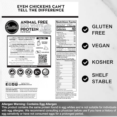 Healthier Comforts Tierfreies Eiweißpulver aus Eiklar | Vegane Eier-Omeletts, Engelkuchen, Baiser, Proteinshakes | Schäumt und bindet wie traditionelles Eiweiß (227 g)