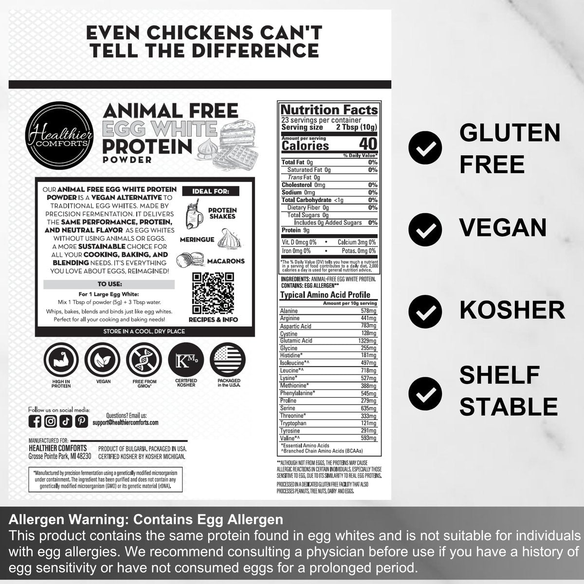 Healthier Comforts Tierfreies Eiweißpulver aus Eiklar | Vegane Eier-Omeletts, Engelkuchen, Baiser, Proteinshakes | Schäumt und bindet wie traditionelles Eiweiß (227 g)