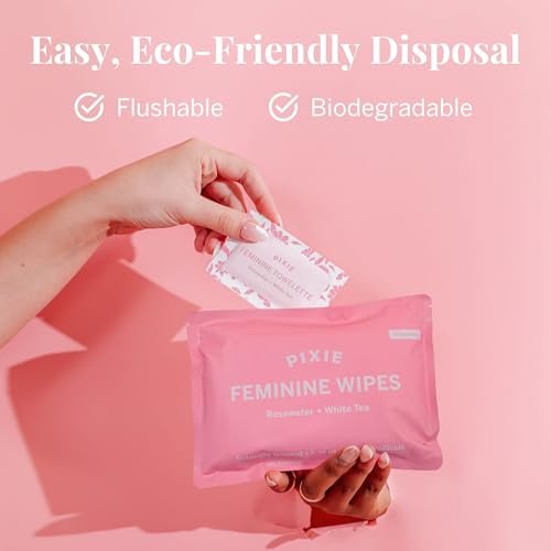 Pixie Feminine Wipes – Natürlich duftend nach Rosenwasser + Weißem Tee – Spülbar, biologisch abbaubar & pH-ausgeglichen – Einzeln verpackte Tücher für unterwegs – Reiniger für Menstruationstassen & -scheiben (20 Stück)