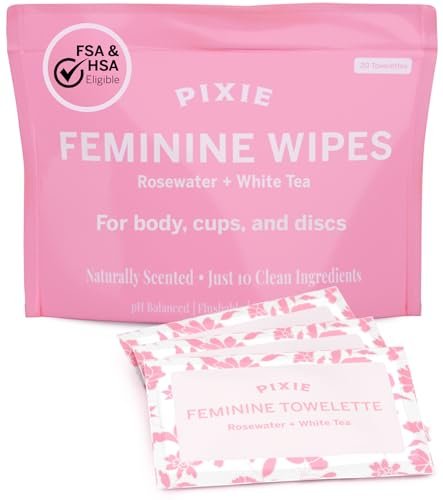 Pixie Feminine Wipes – Natürlich duftend nach Rosenwasser + Weißem Tee – Spülbar, biologisch abbaubar & pH-ausgeglichen – Einzeln verpackte Tücher für unterwegs – Reiniger für Menstruationstassen & -scheiben (20 Stück)