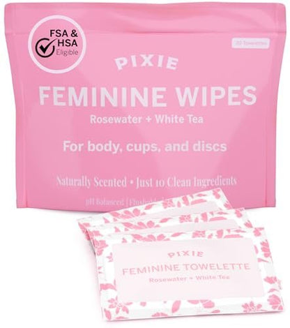 Pixie Feminine Wipes – Natürlich duftend nach Rosenwasser + Weißem Tee – Spülbar, biologisch abbaubar & pH-ausgeglichen – Einzeln verpackte Tücher für unterwegs – Reiniger für Menstruationstassen & -scheiben (20 Stück)
