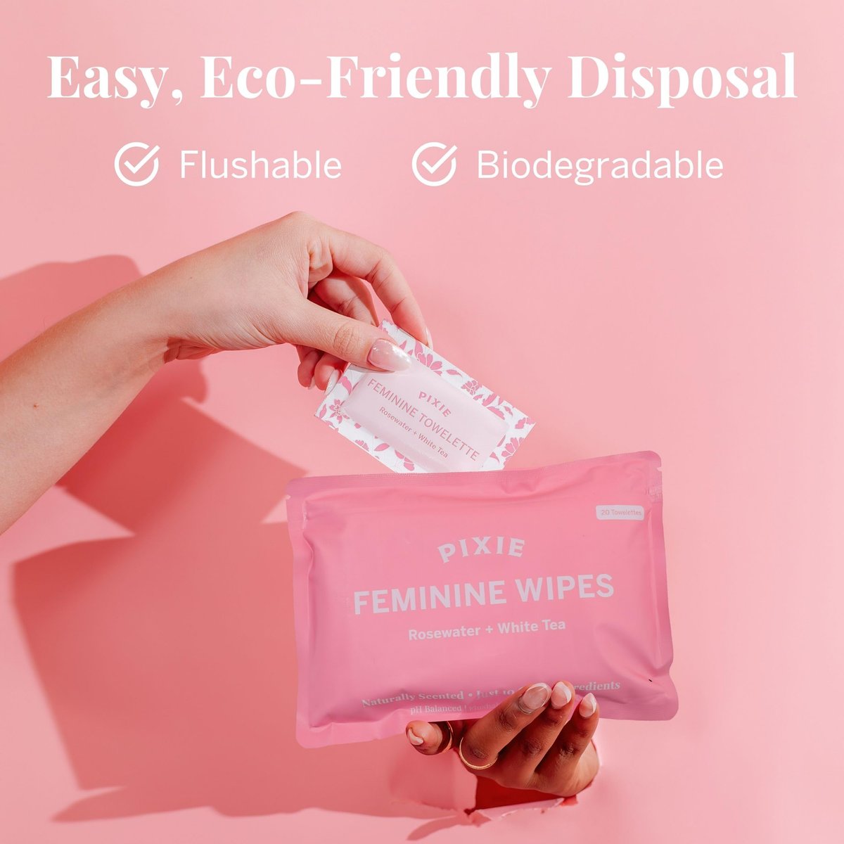 Pixie Feminine Wipes – Natürlich duftend nach Rosenwasser + Weißem Tee – Spülbar, biologisch abbaubar & pH-ausgeglichen – Einzeln verpackte Tücher für unterwegs – Reiniger für Menstruationstassen & -scheiben (20 Stück)