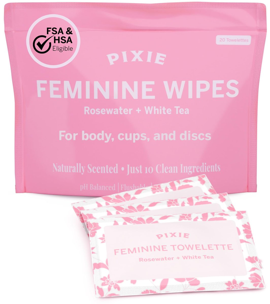 Pixie Feminine Wipes – Natürlich duftend nach Rosenwasser + Weißem Tee – Spülbar, biologisch abbaubar & pH-ausgeglichen – Einzeln verpackte Tücher für unterwegs – Reiniger für Menstruationstassen & -scheiben (20 Stück)