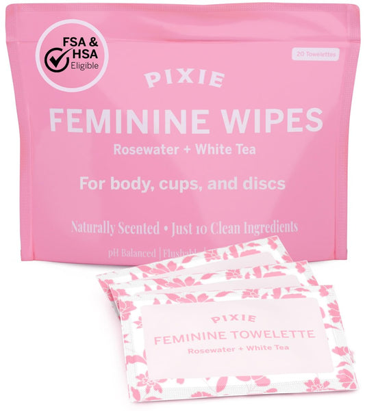 Pixie Feminine Wipes – Natürlich duftend nach Rosenwasser + Weißem Tee – Spülbar, biologisch abbaubar & pH-ausgeglichen – Einzeln verpackte Tücher für unterwegs – Reiniger für Menstruationstassen & -scheiben (20 Stück)
