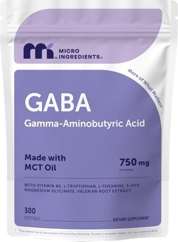 Micro Ingredients GABA 750 mg mit MCT-Öl, 300 Weichkapseln | Gamma-Aminobuttersäure mit Vitamin B6, 5-HTP, L-Theanin, L-Tryptophan & Magnesiumglycinat | Non-GMO, cGMP hergestellt