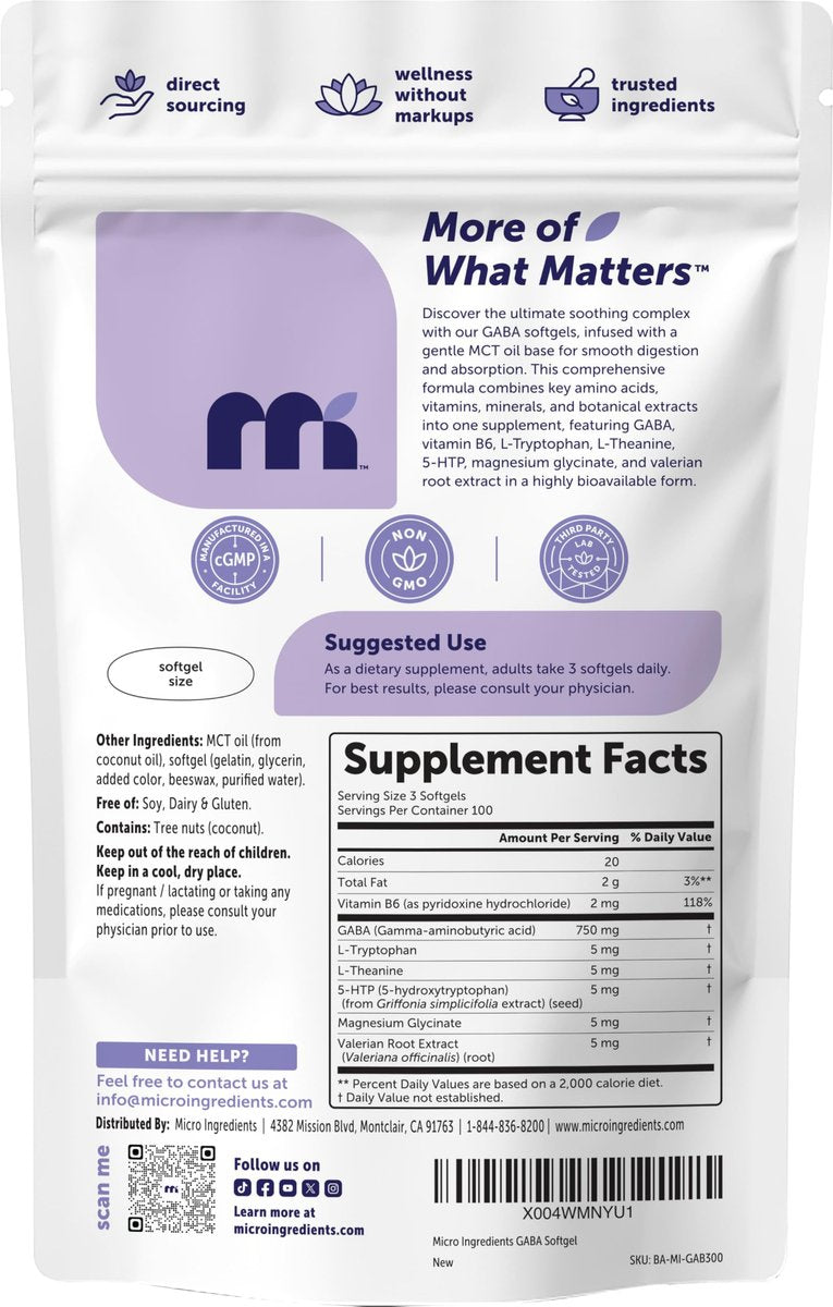 Micro Ingredients GABA 750 mg mit MCT-Öl, 300 Weichkapseln | Gamma-Aminobuttersäure mit Vitamin B6, 5-HTP, L-Theanin, L-Tryptophan & Magnesiumglycinat | Non-GMO, cGMP hergestellt