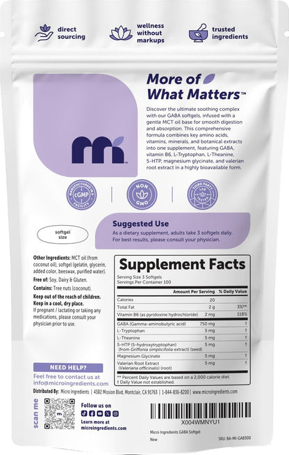 Micro Ingredients GABA 750 mg mit MCT-Öl, 300 Weichkapseln | Gamma-Aminobuttersäure mit Vitamin B6, 5-HTP, L-Theanin, L-Tryptophan & Magnesiumglycinat | Non-GMO, cGMP hergestellt