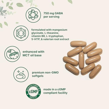 Micro Ingredients GABA 750 mg mit MCT-Öl, 300 Weichkapseln | Gamma-Aminobuttersäure mit Vitamin B6, 5-HTP, L-Theanin, L-Tryptophan & Magnesiumglycinat | Non-GMO, cGMP hergestellt