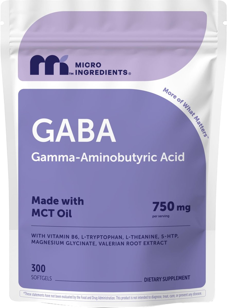 Micro Ingredients GABA 750 mg mit MCT-Öl, 300 Weichkapseln | Gamma-Aminobuttersäure mit Vitamin B6, 5-HTP, L-Theanin, L-Tryptophan & Magnesiumglycinat | Non-GMO, cGMP hergestellt