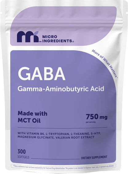 Micro Ingredients GABA 750 mg mit MCT-Öl, 300 Weichkapseln | Gamma-Aminobuttersäure mit Vitamin B6, 5-HTP, L-Theanin, L-Tryptophan & Magnesiumglycinat | Non-GMO, cGMP hergestellt