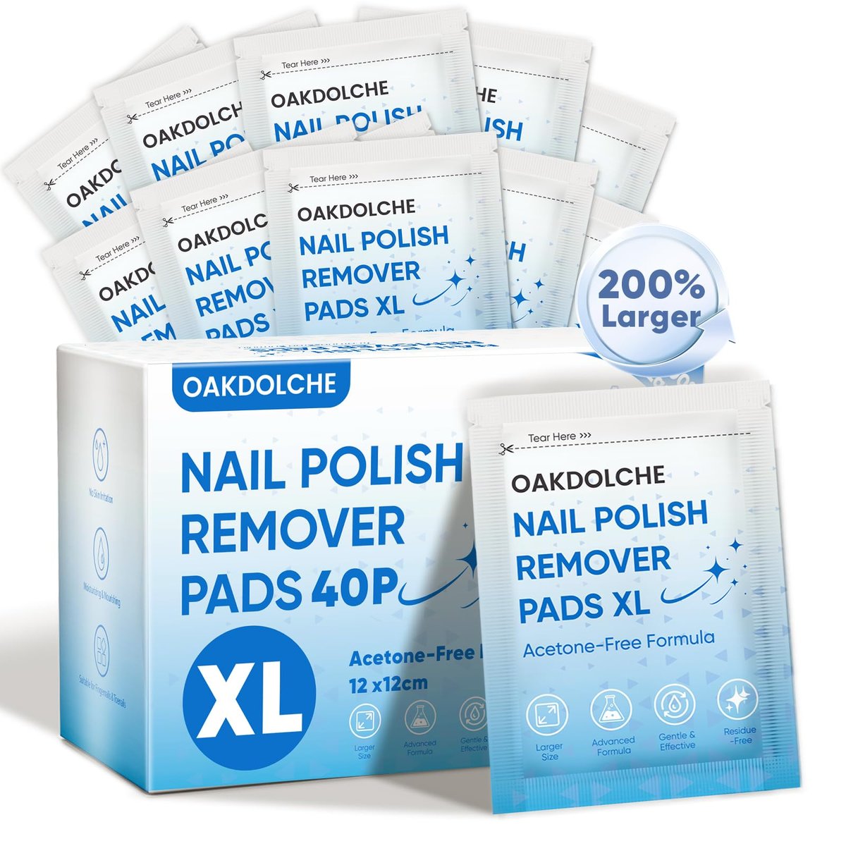 OAKDOLCHE Extra Large Nagellackentferner-Pads (12×12 cm), Acetonfreie Nagellackentferner-Tücher, Einfach & Schnell, Professionell Einzeln Verpackte Feuchttücher für Zuhause & Salonbedarf, 40 Stück
