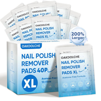 OAKDOLCHE Extra Large Nagellackentferner-Pads (12×12 cm), Acetonfreie Nagellackentferner-Tücher, Einfach & Schnell, Professionell Einzeln Verpackte Feuchttücher für Zuhause & Salonbedarf, 40 Stück