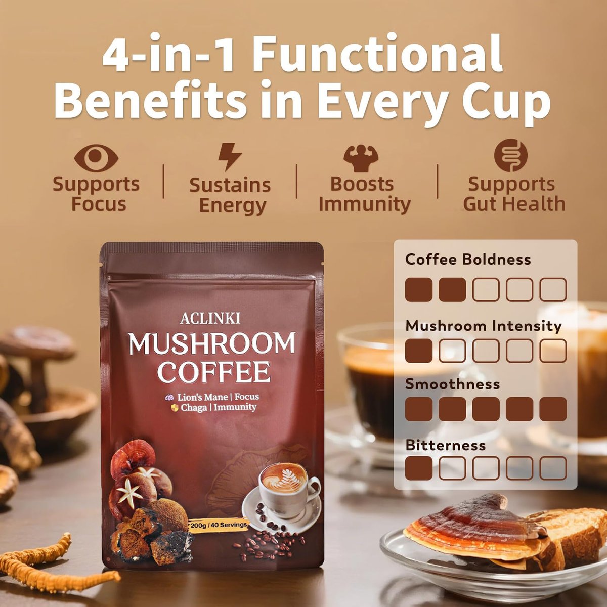 ACLINKI Bio-Pilz-Kaffee mit 7 adaptogenen Pilzen (Löwenmähne, Reishi, Chaga, Cordyceps & mehr) – Kräuterergänzung für Fokus, Energie & Immununterstützung – 40 Portionen