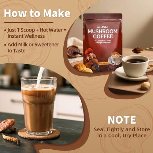 ACLINKI Bio-Pilz-Kaffee mit 7 adaptogenen Pilzen (Löwenmähne, Reishi, Chaga, Cordyceps & mehr) – Kräuterergänzung für Fokus, Energie & Immununterstützung – 40 Portionen