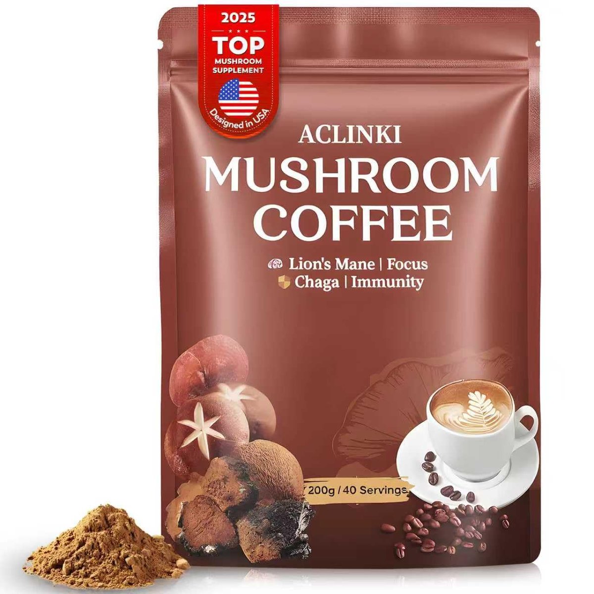ACLINKI Bio-Pilz-Kaffee mit 7 adaptogenen Pilzen (Löwenmähne, Reishi, Chaga, Cordyceps & mehr) – Kräuterergänzung für Fokus, Energie & Immununterstützung – 40 Portionen