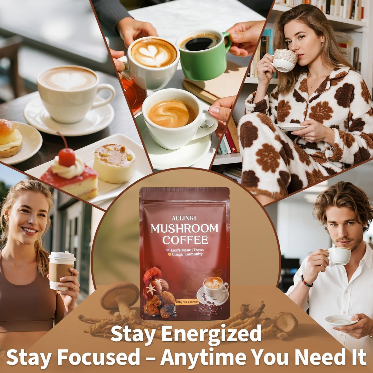 ACLINKI Bio-Pilz-Kaffee mit 7 adaptogenen Pilzen (Löwenmähne, Reishi, Chaga, Cordyceps & mehr) – Kräuterergänzung für Fokus, Energie & Immununterstützung – 40 Portionen