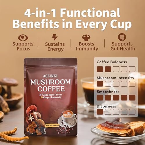 ACLINKI Bio-Pilz-Kaffee mit 7 adaptogenen Pilzen (Löwenmähne, Reishi, Chaga, Cordyceps & mehr) – Kräuterergänzung für Fokus, Energie & Immununterstützung – 40 Portionen