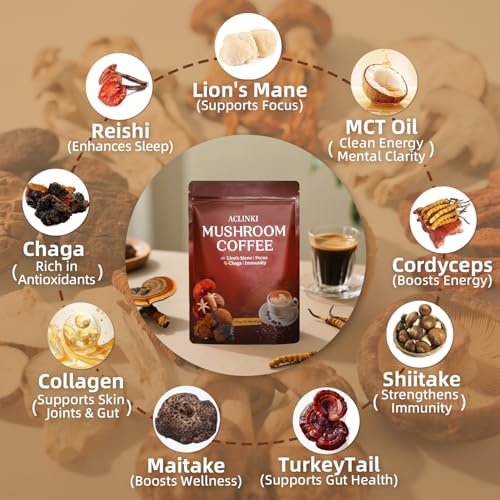 ACLINKI Bio-Pilz-Kaffee mit 7 adaptogenen Pilzen (Löwenmähne, Reishi, Chaga, Cordyceps & mehr) – Kräuterergänzung für Fokus, Energie & Immununterstützung – 40 Portionen
