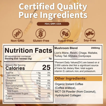 ACLINKI Bio-Pilz-Kaffee mit 7 adaptogenen Pilzen (Löwenmähne, Reishi, Chaga, Cordyceps & mehr) – Kräuterergänzung für Fokus, Energie & Immununterstützung – 40 Portionen