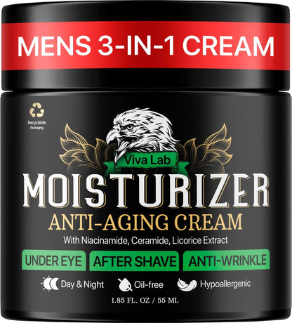 Viva Lab Herren Gesichtsfeuchtigkeitscreme Anti-Aging Creme - Leichte Aftershave Lotion für Männer - Tag & Nacht Feuchtigkeitspflege mit Niacinamid, Kollagen, Ceramiden - Schnell einziehend, nicht fettend 1,85 oz