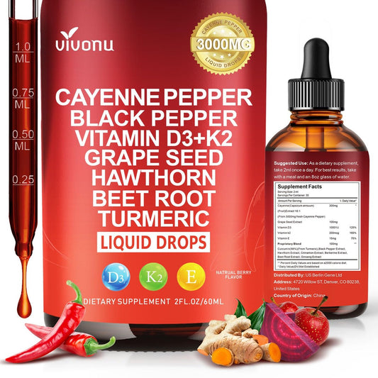 VivoNu Cayenne Pfeffer Softgel Kapseln – Unterstützt Beinvenen, Herz- und Blutgefäßgesundheit mit Vitamin E, D3+K2 sowie Traubenkern-, Weißdorn-, Rote Bete- und Berberin-Extrakten (240 Kapseln, 1 Flasche)