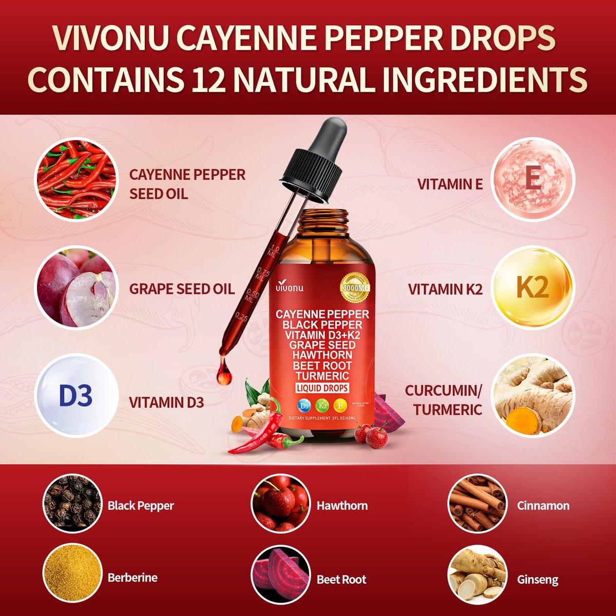 VivoNu Cayenne Pfeffer Softgel Kapseln – Unterstützt Beinvenen, Herz- und Blutgefäßgesundheit mit Vitamin E, D3+K2 sowie Traubenkern-, Weißdorn-, Rote Bete- und Berberin-Extrakten (240 Kapseln, 1 Flasche)