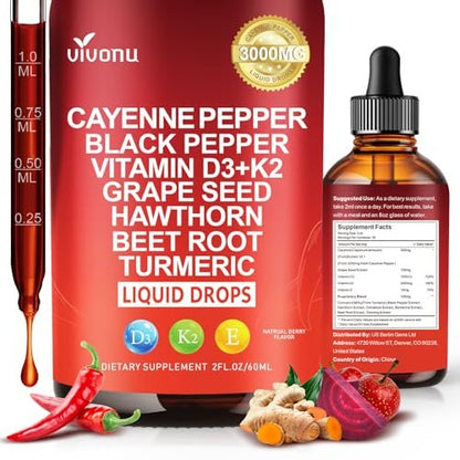 VivoNu Cayenne Pfeffer Softgel Kapseln – Unterstützt Beinvenen, Herz- und Blutgefäßgesundheit mit Vitamin E, D3+K2 sowie Traubenkern-, Weißdorn-, Rote Bete- und Berberin-Extrakten (240 Kapseln, 1 Flasche)