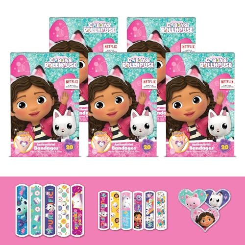 Gabby's Dollhouse Pflaster, 3 verschiedene Größen, 100 Stück | Haften wie Aufkleber, flexible Wundpflaster für kleine Schnitte, Schürfwunden und Verbrennungen, ideales Geschenk für Kinder