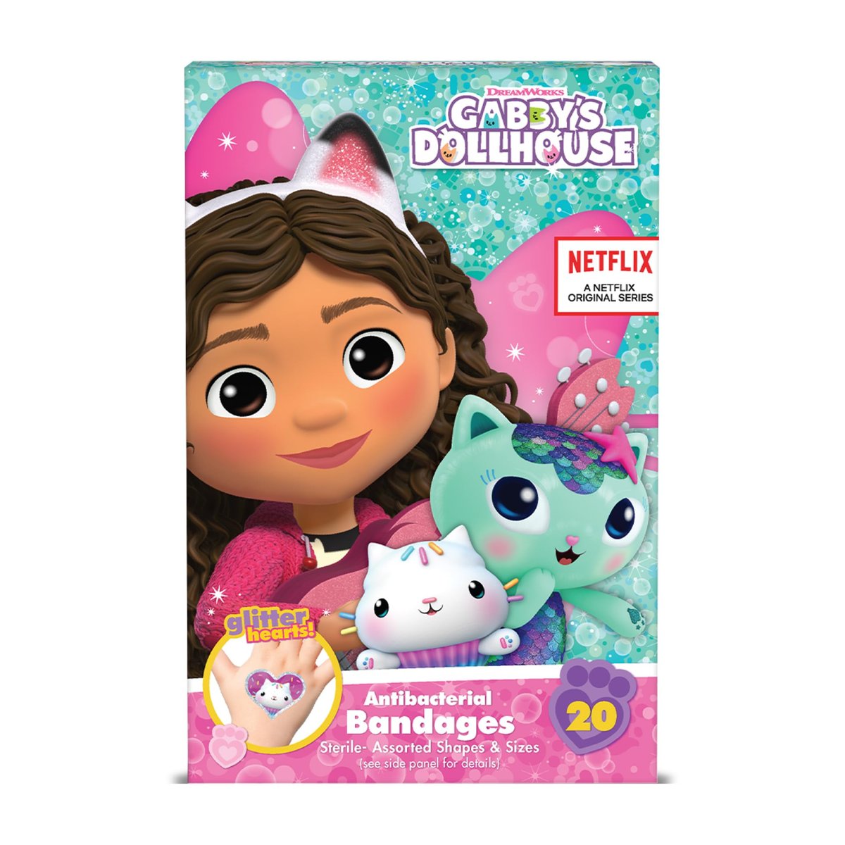 Gabby's Dollhouse Pflaster, 3 verschiedene Größen, 100 Stück | Haften wie Aufkleber, flexible Wundpflaster für kleine Schnitte, Schürfwunden und Verbrennungen, ideales Geschenk für Kinder