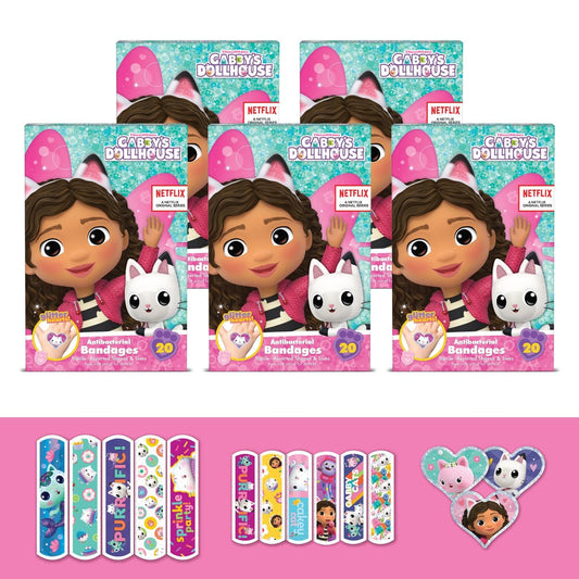 Gabby's Dollhouse Pflaster, 3 verschiedene Größen, 100 Stück | Haften wie Aufkleber, flexible Wundpflaster für kleine Schnitte, Schürfwunden und Verbrennungen, ideales Geschenk für Kinder