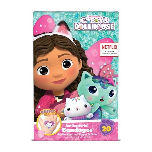 Gabby's Dollhouse Pflaster, 3 verschiedene Größen, 100 Stück | Haften wie Aufkleber, flexible Wundpflaster für kleine Schnitte, Schürfwunden und Verbrennungen, ideales Geschenk für Kinder