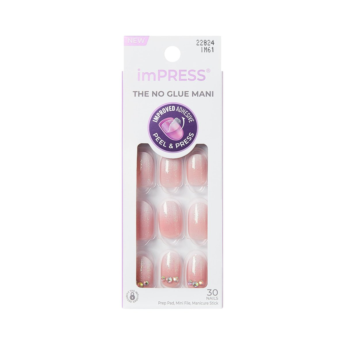 Kiss Impress No Glue Mani Press On Nails, Design 'Even Better', Pink, Kurze Länge, Ovale Form, Inklusive 30 Nägel, Vorbereitungspad, Anleitungsblatt, 1 Manikürestab, 1 Mini-Feile