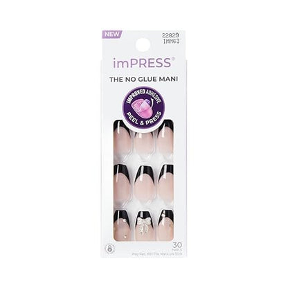 Kiss Impress No Glue Mani Press On Nägel, Design 'By the river', Schwarz, Medium, Sargform, 30 Nägel, Prep Pad, Anleitung, Manikürestab, Mini-Feile
