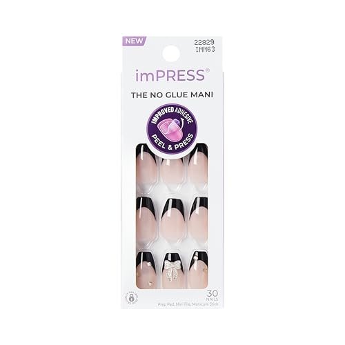 Kiss Impress No Glue Mani Press On Nägel, Design 'By the river', Schwarz, Medium, Sargform, 30 Nägel, Prep Pad, Anleitung, Manikürestab, Mini-Feile
