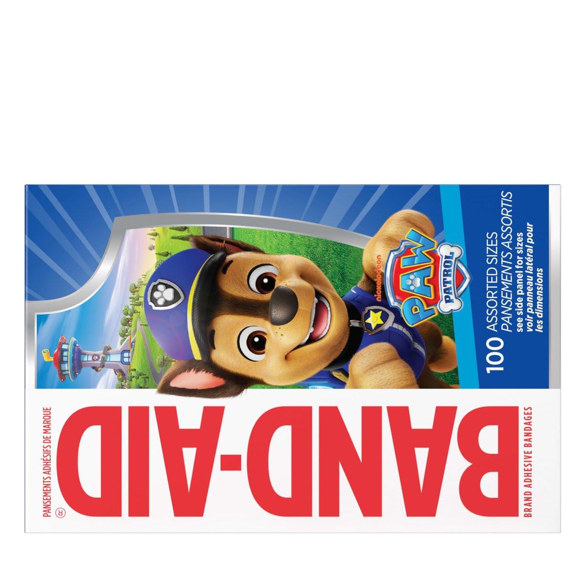 BAND-AID Brand Pflaster mit Paw Patrol Motiven – 100 bunte Wundpflaster für Kinder, ideal für kleine Schnitte und Schrammen, Erste-Hilfe-Bedarf, verschiedene Größen