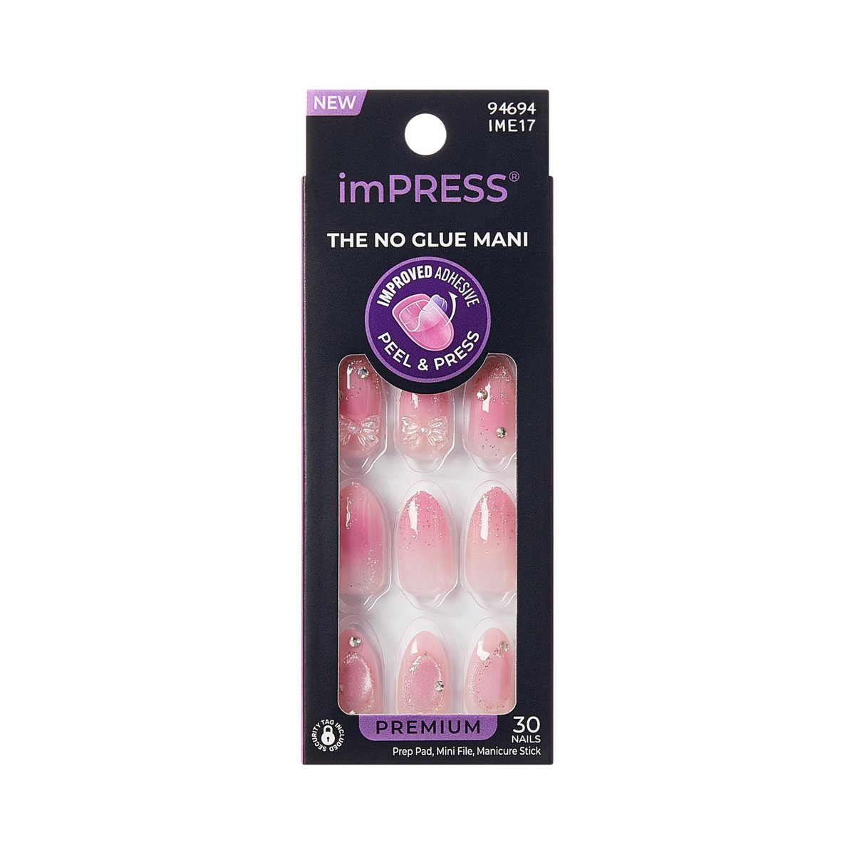 Kiss Impress No Glue Mani Press On Nägel, Design 'Venus', Pink, Medium, Mandelform, 30 Nägel, Vorbereitungspad, Anleitung, Manikürestab, Mini-Feile