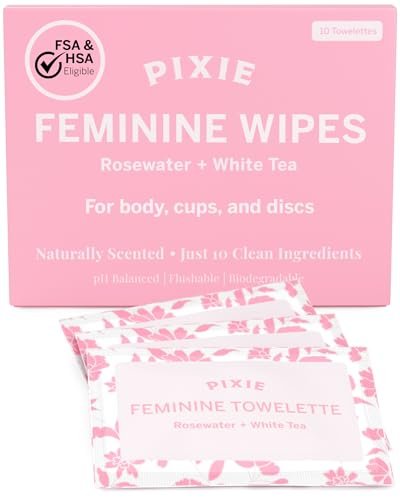 Pixie Feminine Wipes – Natürlich duftend nach Rosenwasser + Weißem Tee – Spülbar, biologisch abbaubar & pH-ausgeglichen – einzeln verpackte Tücher für unterwegs – Reiniger für Menstruationstassen & -scheiben (10 Stück)