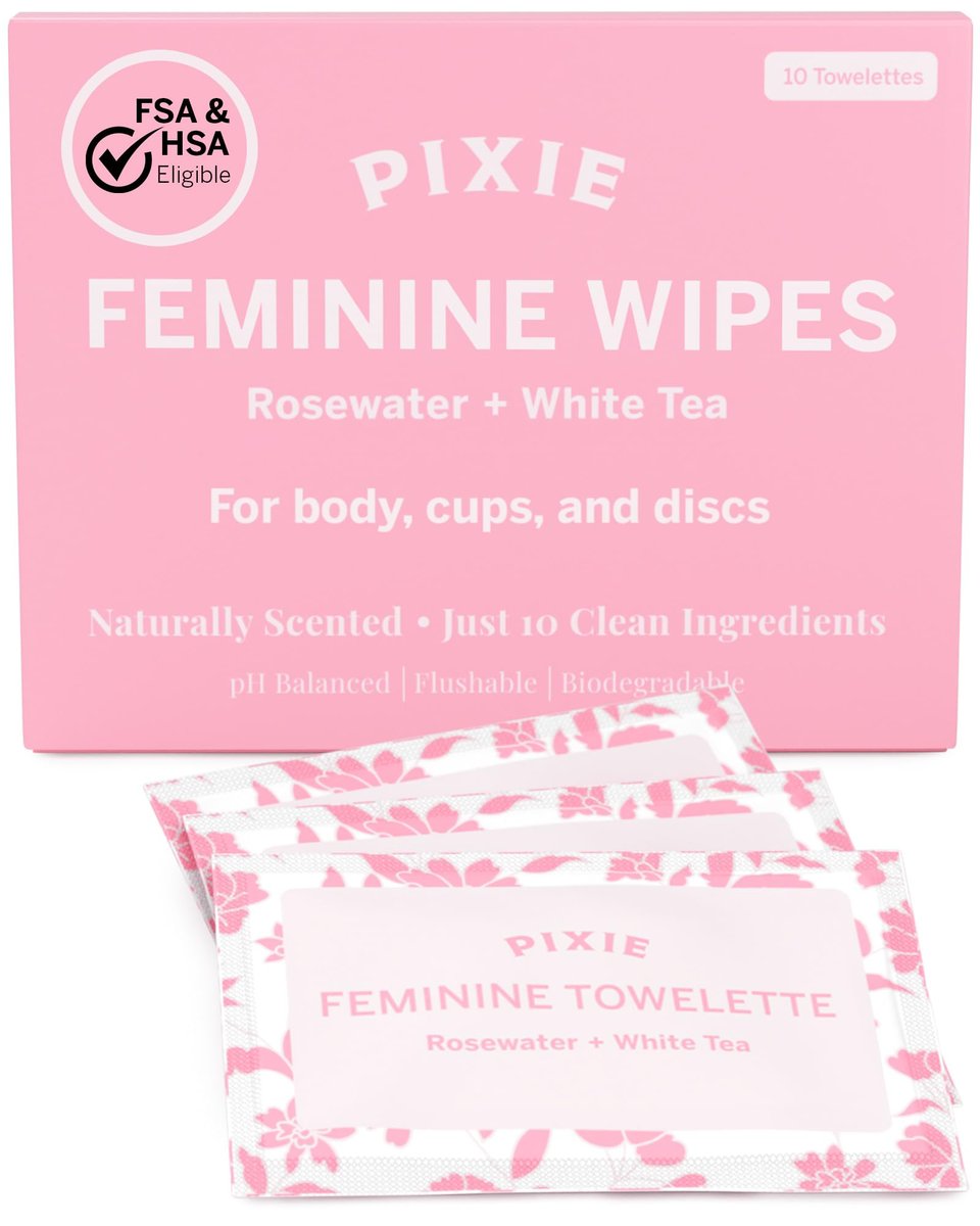 Pixie Feminine Wipes – Natürlich duftend nach Rosenwasser + Weißem Tee – Spülbar, biologisch abbaubar & pH-ausgeglichen – einzeln verpackte Tücher für unterwegs – Reiniger für Menstruationstassen & -scheiben (10 Stück)