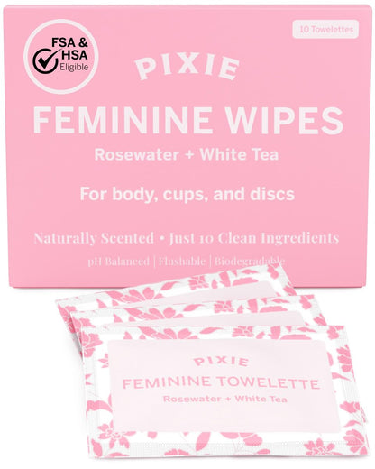 Pixie Feminine Wipes – Natürlich duftend nach Rosenwasser + Weißem Tee – Spülbar, biologisch abbaubar & pH-ausgeglichen – einzeln verpackte Tücher für unterwegs – Reiniger für Menstruationstassen & -scheiben (10 Stück)