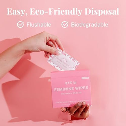 Pixie Feminine Wipes – Natürlich duftend nach Rosenwasser + Weißem Tee – Spülbar, biologisch abbaubar & pH-ausgeglichen – einzeln verpackte Tücher für unterwegs – Reiniger für Menstruationstassen & -scheiben (10 Stück)